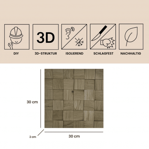 Wandverkleidung aus 3D Echtholz Wandpaneele Eiche Holzriemchen aus Echtholz Quadratisch - Eiche Grau - EH09 – Bild 2