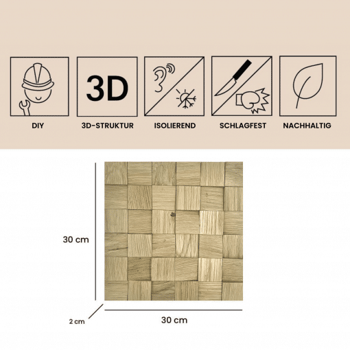 Wandverkleidung aus 3D Echtholz Wandpaneele Eiche Holzriemchen aus Echtholz Quadratisch - Eiche Natur Hell - EH08 – Bild 2