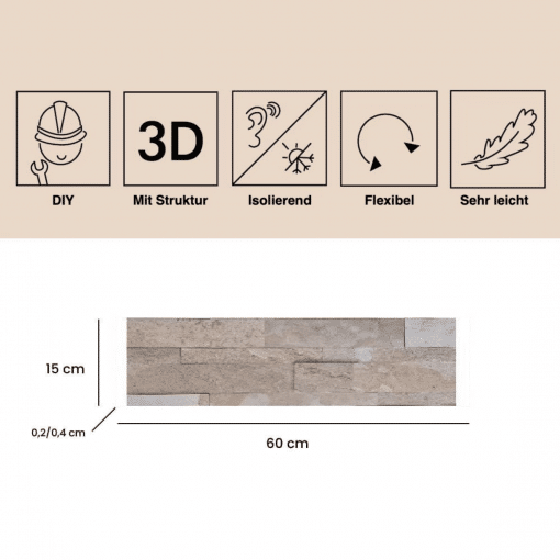 Selbstklebende Natursteinriemchen - Naturstein Verblender Riemchen - Wandpaneel - 60 x 15 cm - Autumn Sand Cream - KN15 – Bild 3