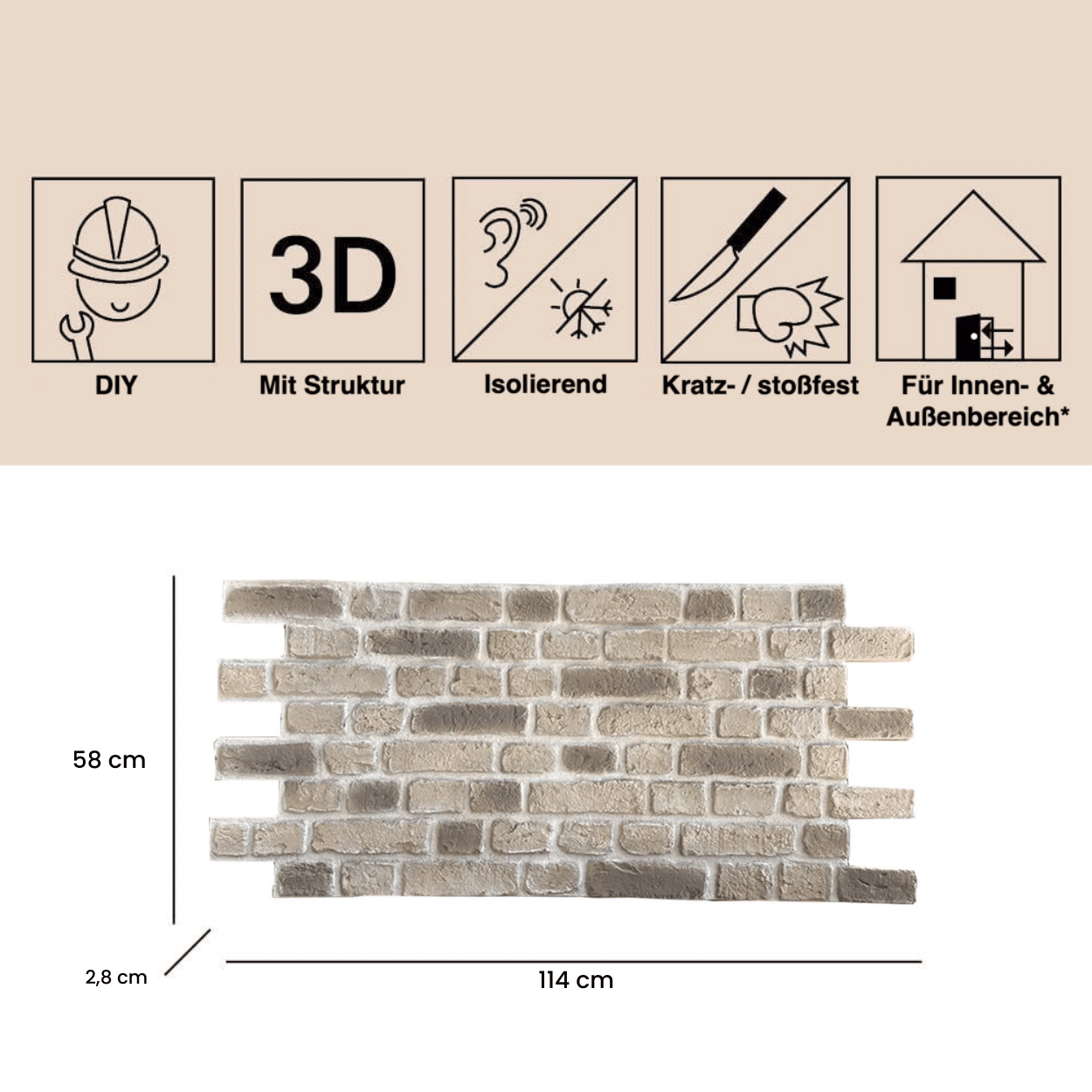 Wand- & Fassadenverkleidung in Steinoptik aus Polyurethan – 3D Wandpaneele Ladrillo Japanese Beige Grau – Klinker Beige/Grau/Weiß – Verblenderplatten – Für Innen & Außen – PU-33 – Bild 3