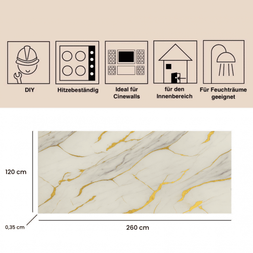 Wandverkleidung - Wandpaneele in Marmoroptik aus PVC - Wandplatten in Hochglanz - 260 x 120 cm - Carrara Gold - M23 – Bild 3
